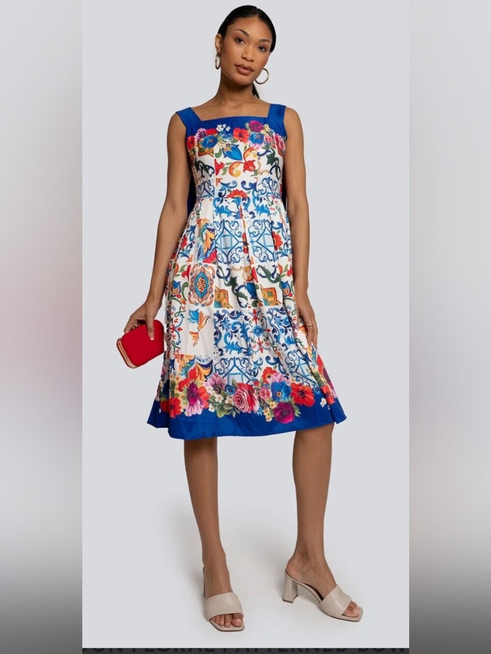 LONDON FLORAL PATTERNED BOW STRAP MIDI DRESS D1152 BLUE/WHITE SIZE MEDIUM